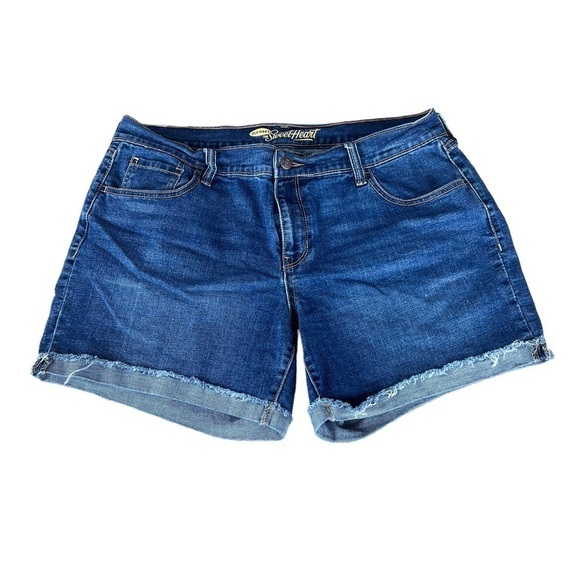 Old Navy Sweetheart Denim Jean Shorts Size 12 Raw Hem Cuff Stretch Medium Wash - Picture 1 of 6